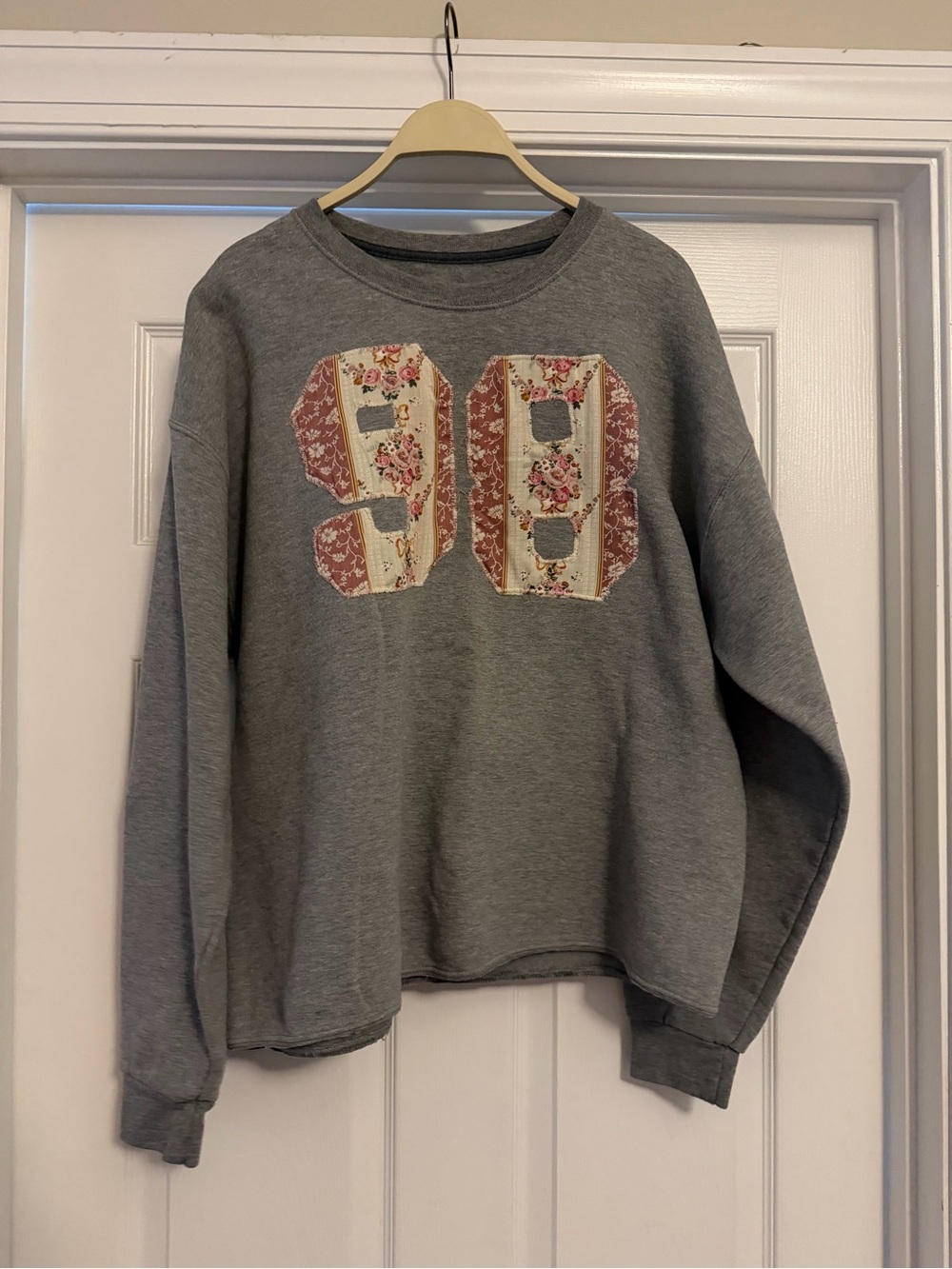 Grey Crewneck Sweater with hand sewn Floral '98' Appliqué